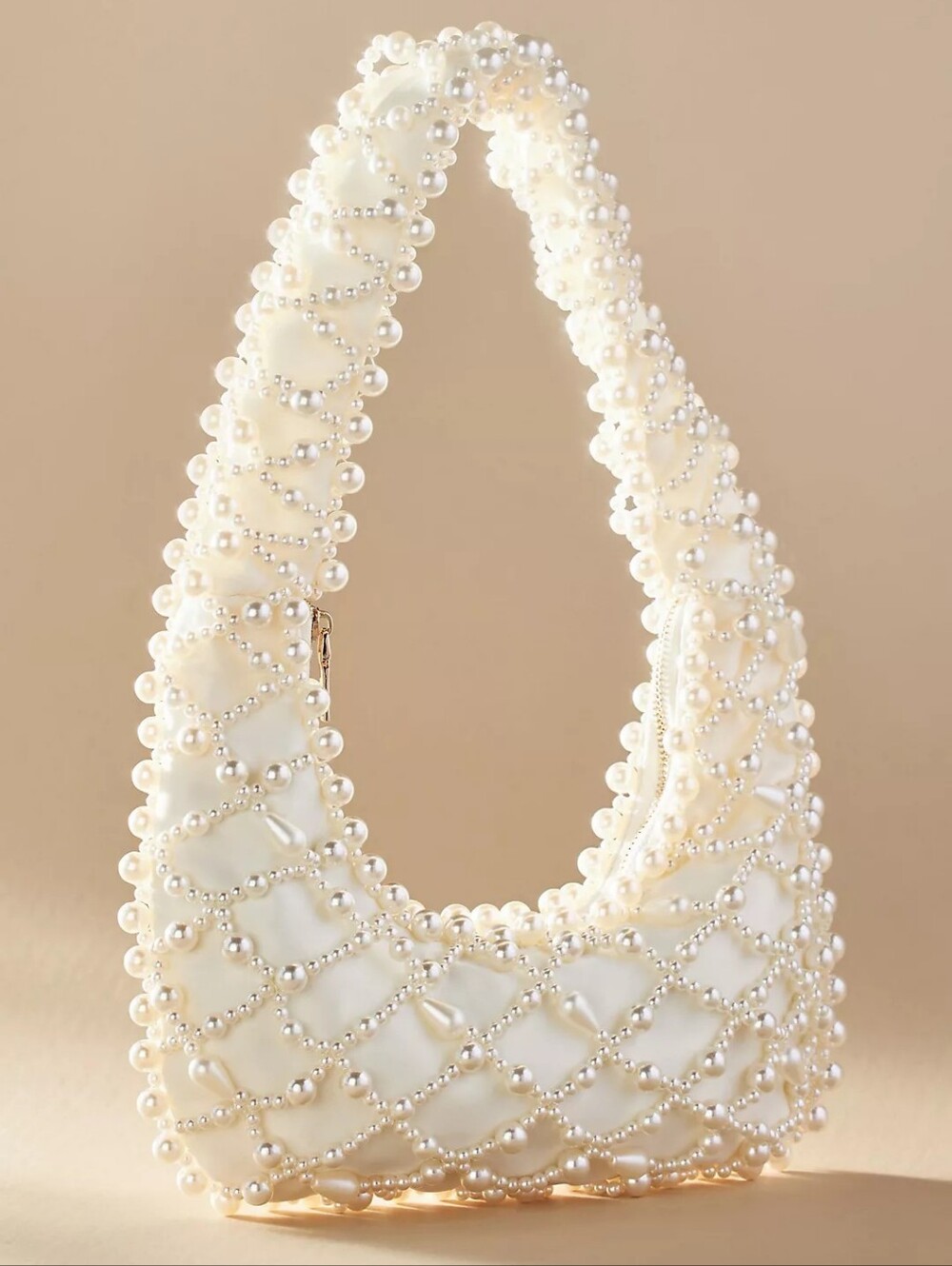 Anthropologie Lucy Satin Pearl Handbag Pearl Beaded Cream Shoulder Bridal Bag